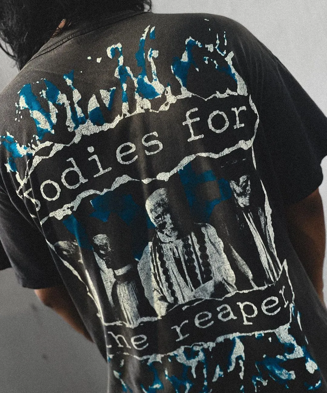 SAINT MICHAEL SS TEE/B FOR REAPER Jesus Hell's Angels Washed and Distressed Short Sleeves Washed Black S-XL Garment Dyed Printed Washed and Distressed